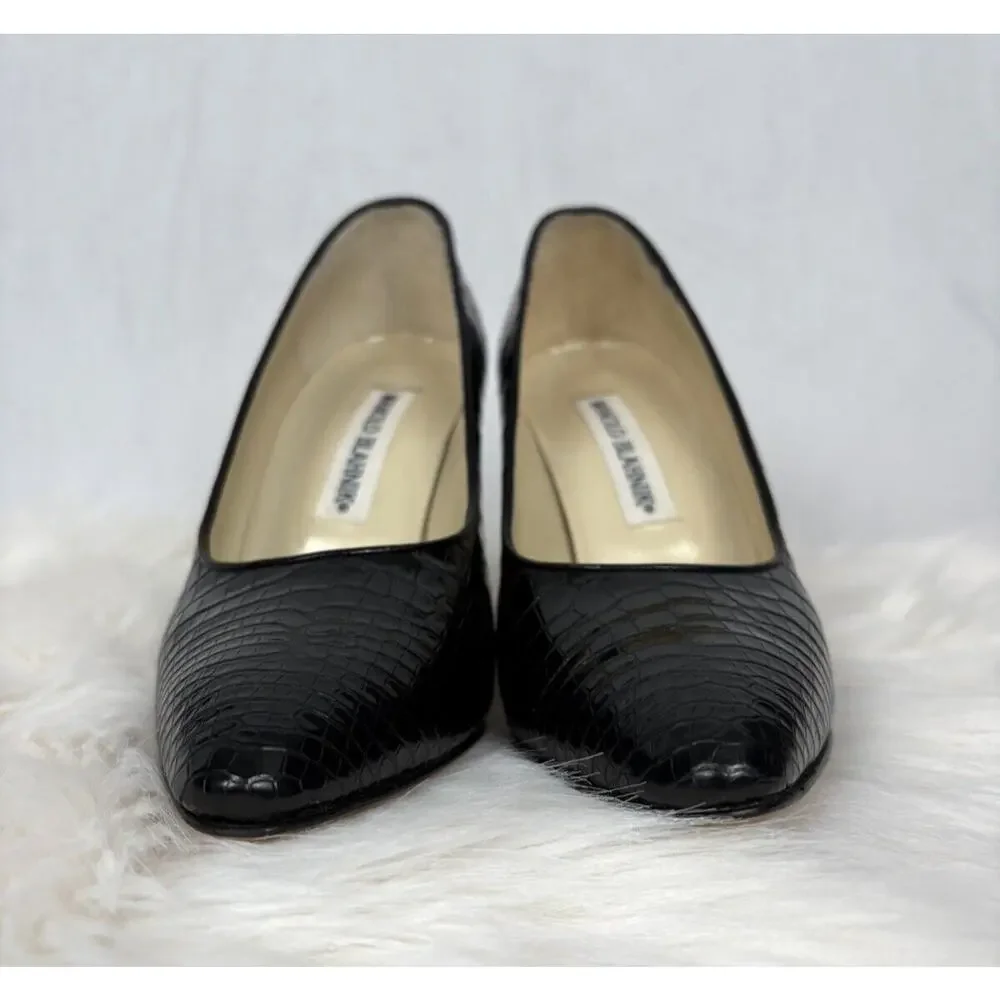 Manolo Blahnik Stiletto Pointed Toe Pumps Black Alligator Crocodile Size 37 - Picture 9 of 10